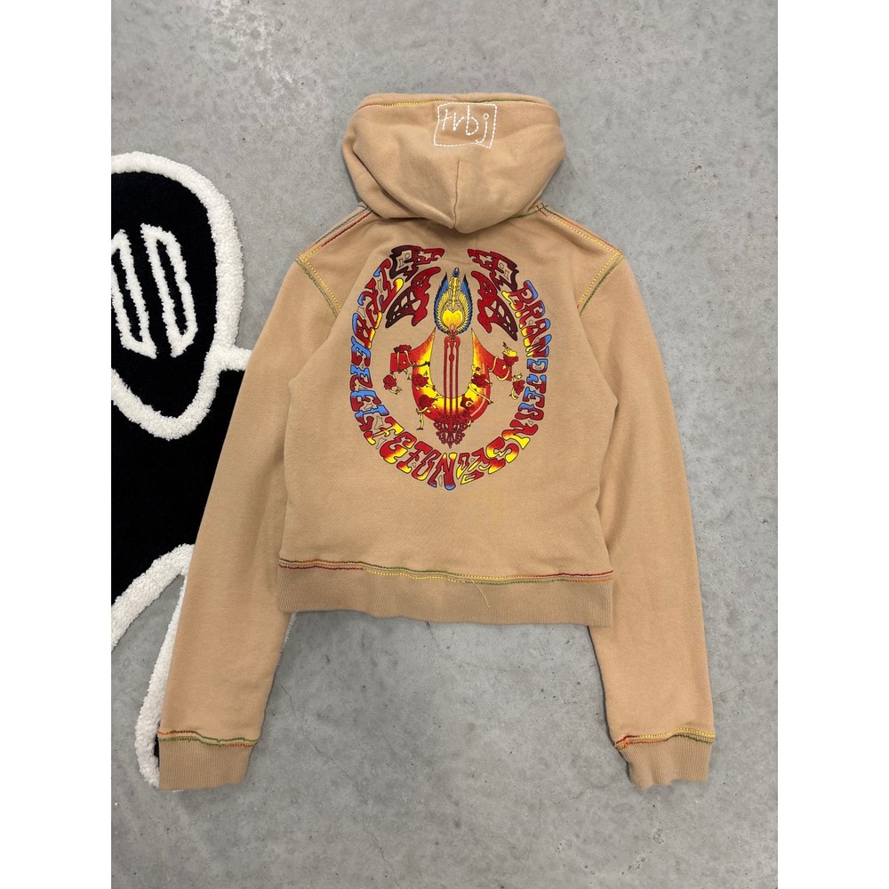 True Religion World Tour Tan Rainbow Big T Zip Up Cropped Hoodie Medium USA Made